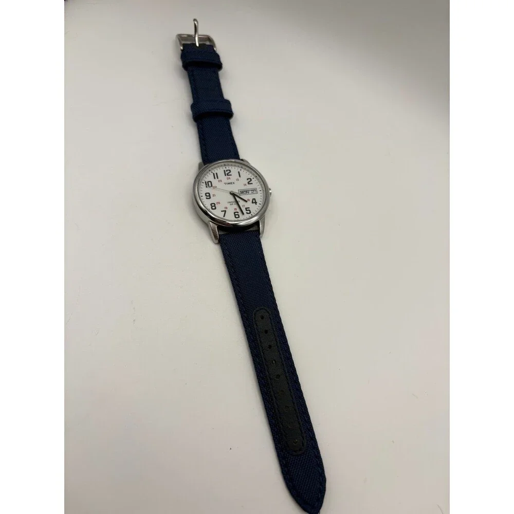 Timex T20461 Indiglo Mens Watch White Dial Day Date BRAND NEW Navy Canvas Strap
